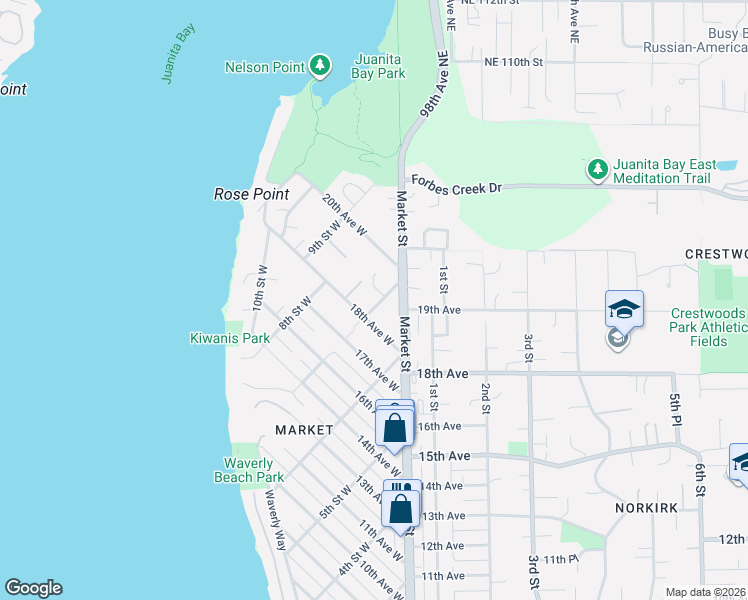 map of restaurants, bars, coffee shops, grocery stores, and more near 1819 7th Street West in Kirkland