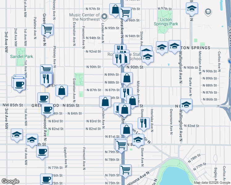 map of restaurants, bars, coffee shops, grocery stores, and more near 929 North 88th Street in Seattle