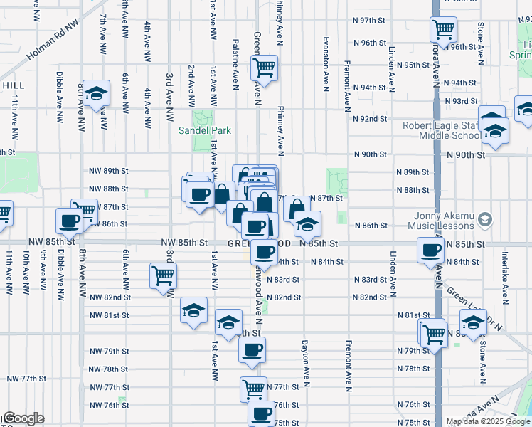 map of restaurants, bars, coffee shops, grocery stores, and more near 8704 Greenwood Avenue North in Seattle