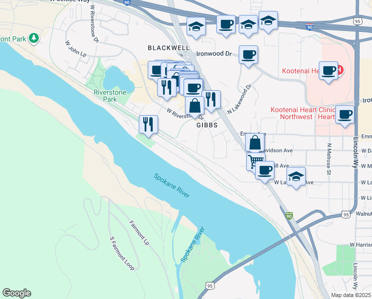 map of restaurants, bars, coffee shops, grocery stores, and more near 1528 West Union Drive in Coeur d'Alene