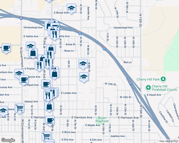 map of restaurants, bars, coffee shops, grocery stores, and more near 1801 North 9th Street in Coeur d'Alene