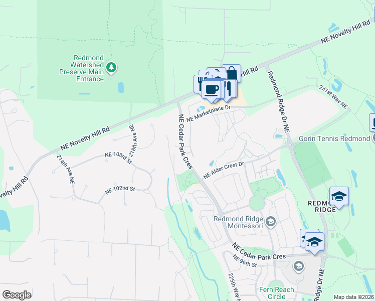 map of restaurants, bars, coffee shops, grocery stores, and more near 10611 221st Lane Northeast in Redmond