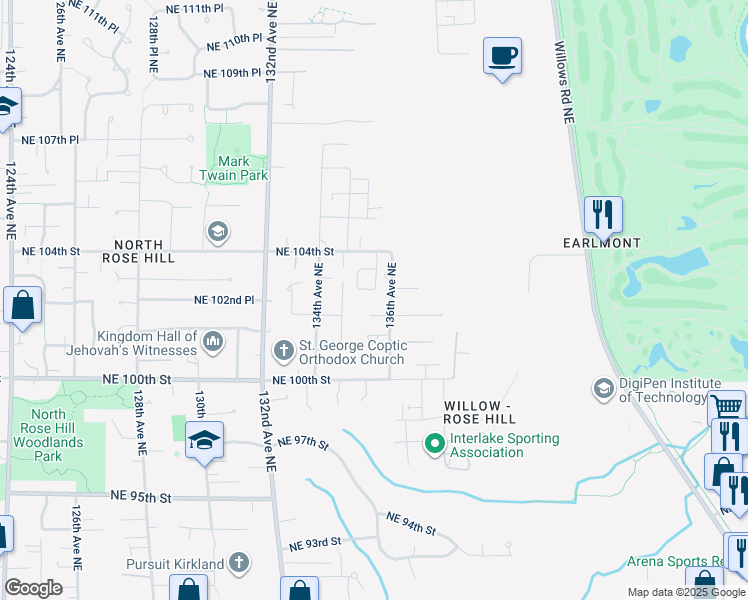 map of restaurants, bars, coffee shops, grocery stores, and more near 135th Circle Northeast in Kirkland