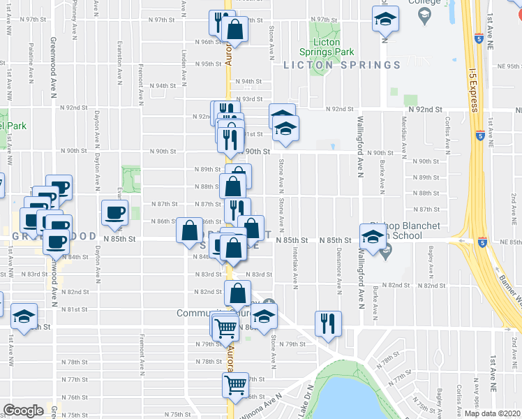 map of restaurants, bars, coffee shops, grocery stores, and more near 8800 Nesbit Avenue North in Seattle