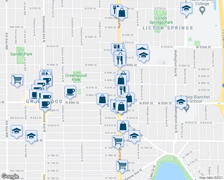 map of restaurants, bars, coffee shops, grocery stores, and more near 929 North 88th Street in Seattle