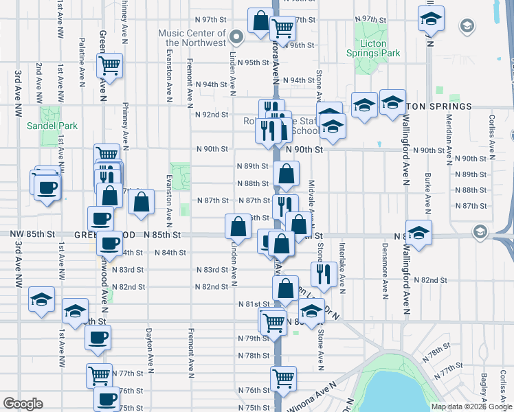 map of restaurants, bars, coffee shops, grocery stores, and more near 929 North 88th Street in Seattle