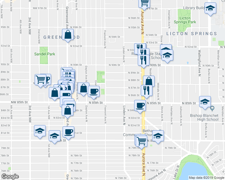 map of restaurants, bars, coffee shops, grocery stores, and more near 725 North 88th Street in Seattle