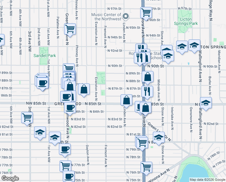 map of restaurants, bars, coffee shops, grocery stores, and more near 725 North 88th Street in Seattle