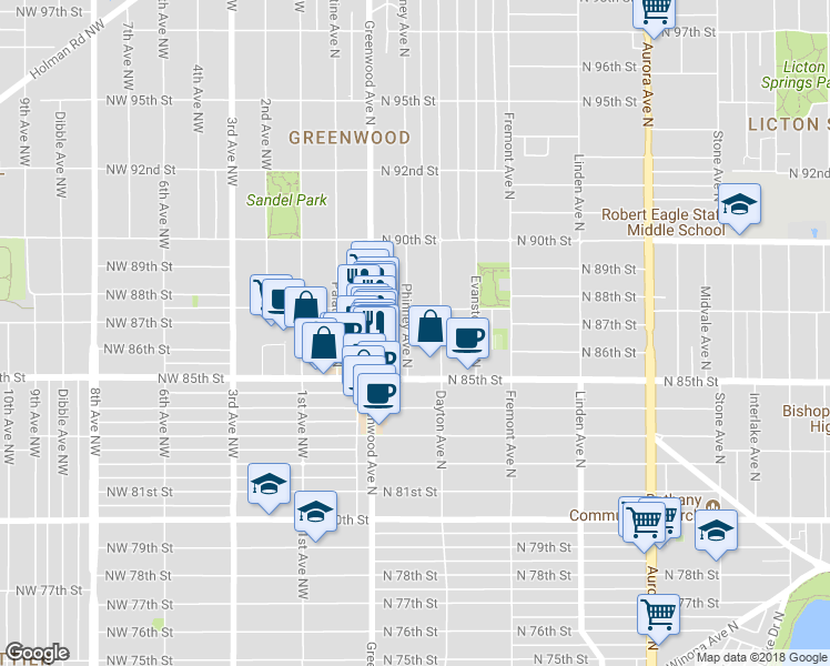 map of restaurants, bars, coffee shops, grocery stores, and more near in Seattle