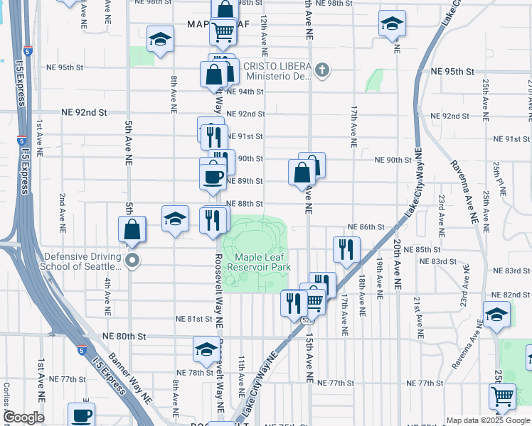 map of restaurants, bars, coffee shops, grocery stores, and more near 1201 Northeast 88th Street in Seattle
