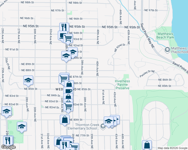 map of restaurants, bars, coffee shops, grocery stores, and more near 3840 Northeast 88th Street in Seattle