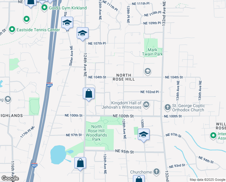 map of restaurants, bars, coffee shops, grocery stores, and more near 12628 Northeast 102nd Place in Kirkland