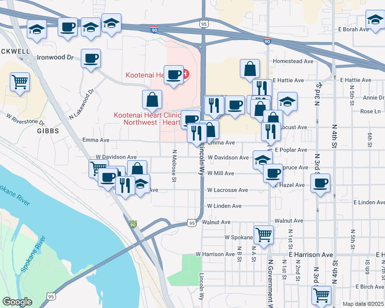map of restaurants, bars, coffee shops, grocery stores, and more near 1819 North Nora Street in Coeur d'Alene