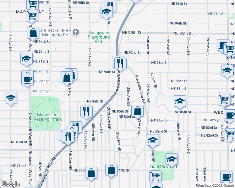 map of restaurants, bars, coffee shops, grocery stores, and more near 8830 Lake City Way Northeast in Seattle