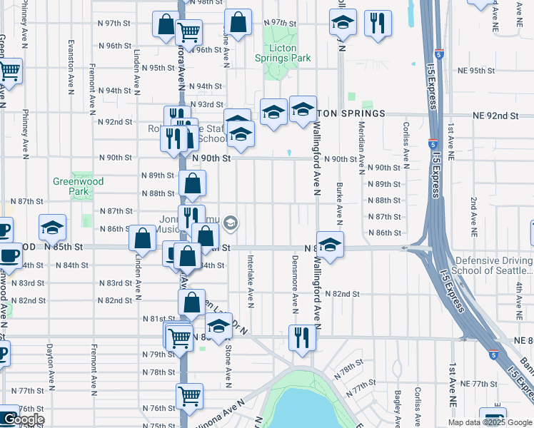map of restaurants, bars, coffee shops, grocery stores, and more near 8802 Interlake Avenue North in Seattle