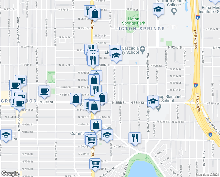 map of restaurants, bars, coffee shops, grocery stores, and more near 1222 North 88th Street in Seattle