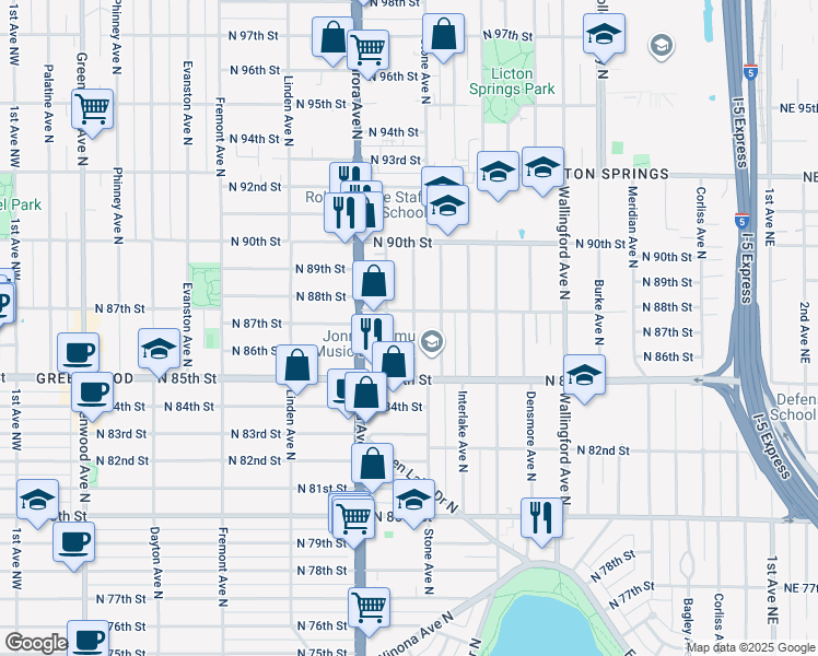 map of restaurants, bars, coffee shops, grocery stores, and more near 8800 Nesbit Avenue North in Seattle