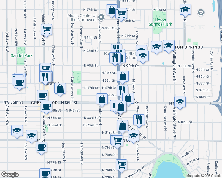 map of restaurants, bars, coffee shops, grocery stores, and more near 929 North 88th Street in Seattle