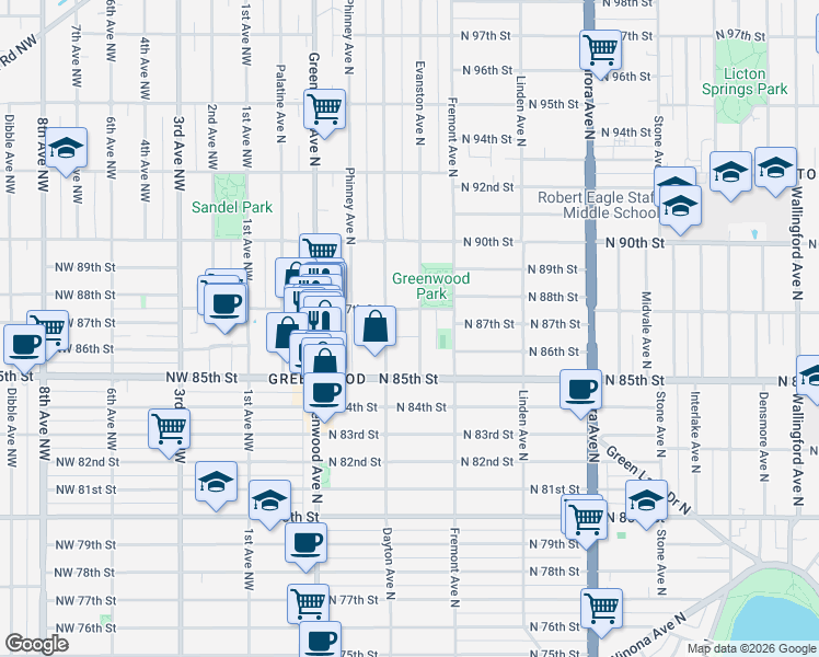 map of restaurants, bars, coffee shops, grocery stores, and more near 510 North 87th Street in Seattle