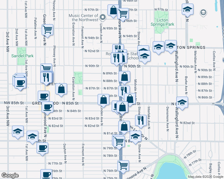 map of restaurants, bars, coffee shops, grocery stores, and more near 929 North 88th Street in Seattle