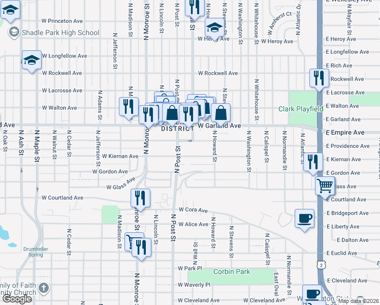 map of restaurants, bars, coffee shops, grocery stores, and more near 633 West Providence Avenue in Spokane