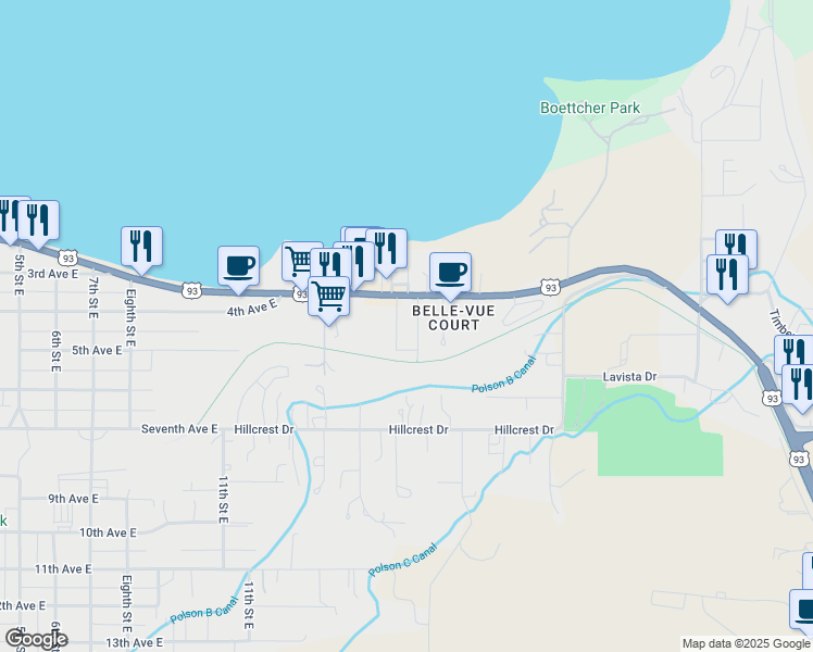 map of restaurants, bars, coffee shops, grocery stores, and more near 50523 U.S. 93 in Polson
