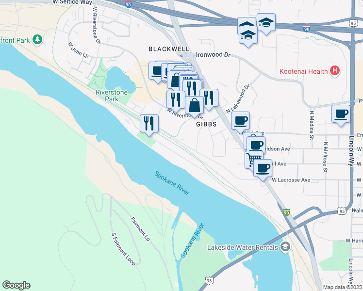 map of restaurants, bars, coffee shops, grocery stores, and more near 1560 West Union Drive in Coeur d'Alene