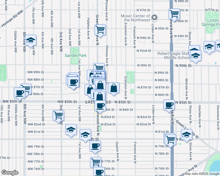 map of restaurants, bars, coffee shops, grocery stores, and more near in Seattle