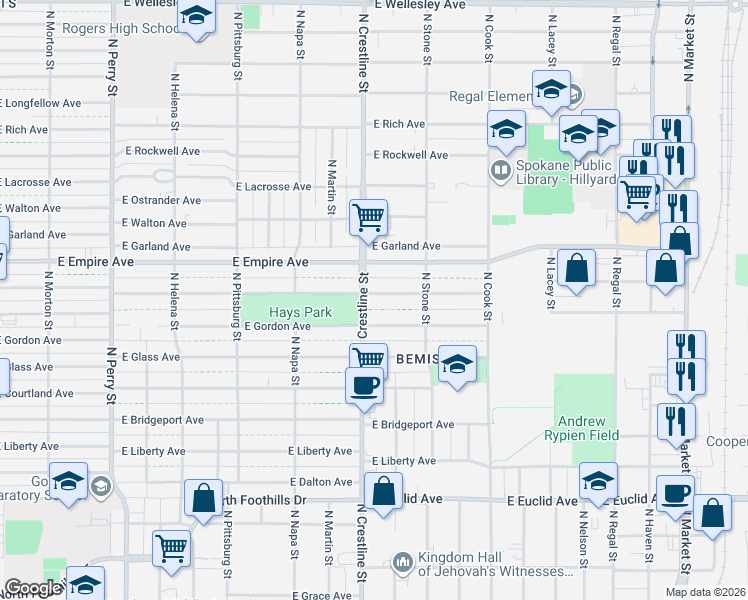 map of restaurants, bars, coffee shops, grocery stores, and more near 2117 East Providence Avenue in Spokane
