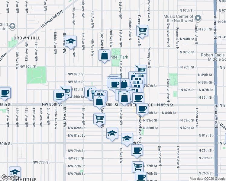map of restaurants, bars, coffee shops, grocery stores, and more near 100 Northwest 85th Street in Seattle