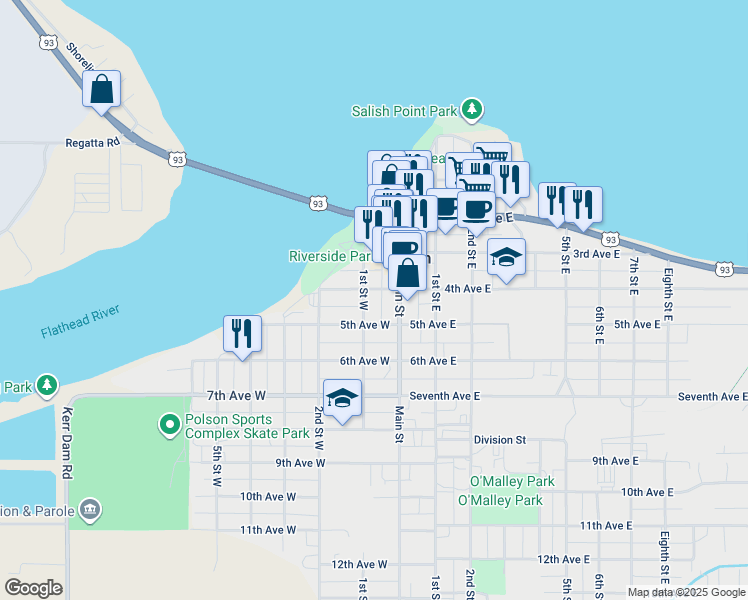 map of restaurants, bars, coffee shops, grocery stores, and more near 410 1st Street West in Polson