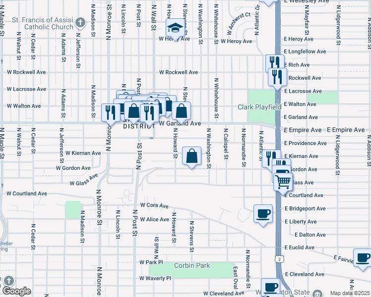 map of restaurants, bars, coffee shops, grocery stores, and more near 501 West Providence Avenue in Spokane