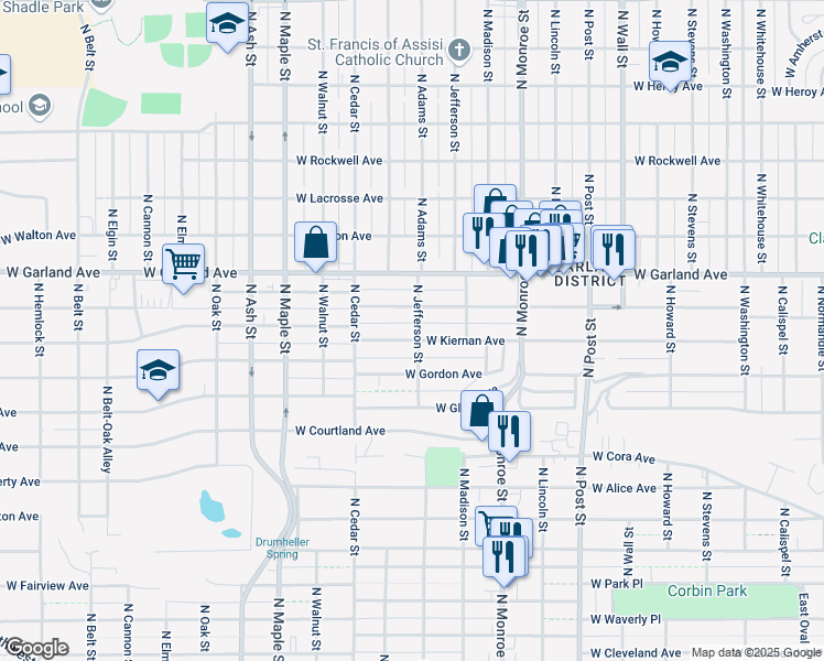 map of restaurants, bars, coffee shops, grocery stores, and more near 1211 West Providence Avenue in Spokane