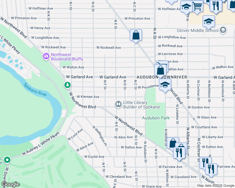 map of restaurants, bars, coffee shops, grocery stores, and more near 3225 West Providence Avenue in Spokane