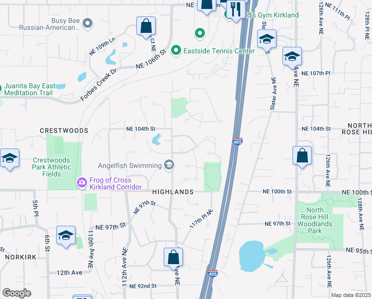 map of restaurants, bars, coffee shops, grocery stores, and more near 11703 Northeast 103rd Place in Kirkland