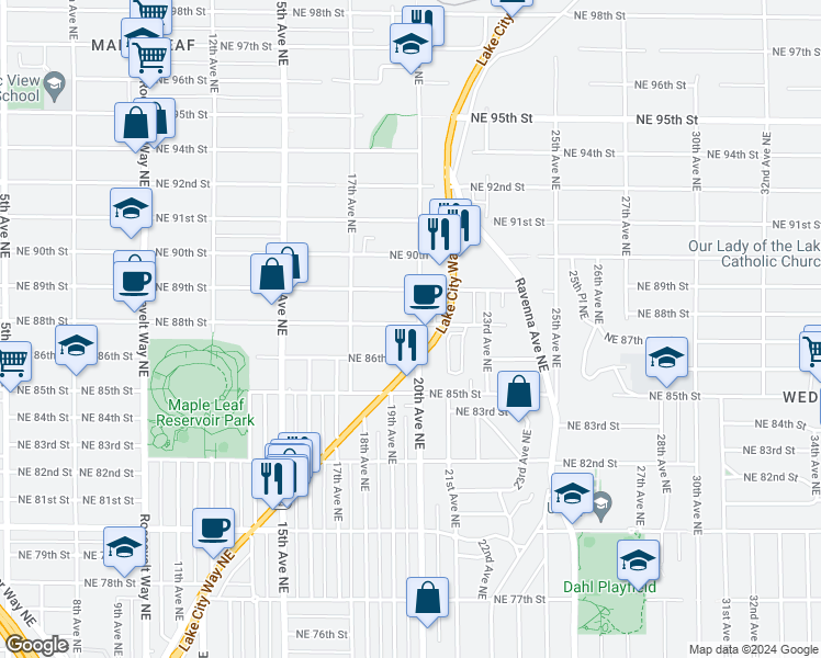 map of restaurants, bars, coffee shops, grocery stores, and more near 8813 20th Avenue Northeast in Seattle
