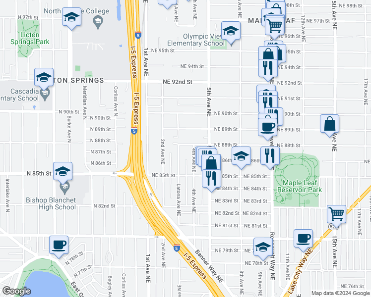 map of restaurants, bars, coffee shops, grocery stores, and more near 312 Northeast 88th Street in Seattle