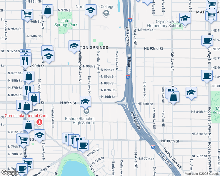 map of restaurants, bars, coffee shops, grocery stores, and more near 2128 North 88th Street in Seattle