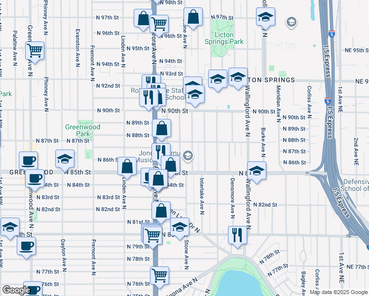map of restaurants, bars, coffee shops, grocery stores, and more near 1222 North 88th Street in Seattle