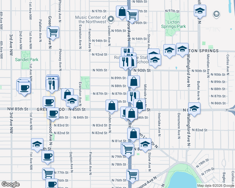 map of restaurants, bars, coffee shops, grocery stores, and more near 929 North 88th Street in Seattle