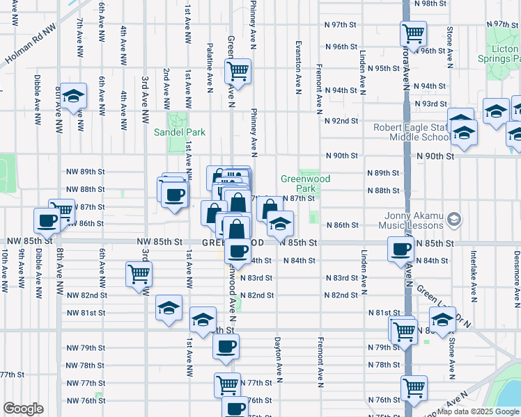 map of restaurants, bars, coffee shops, grocery stores, and more near in Seattle