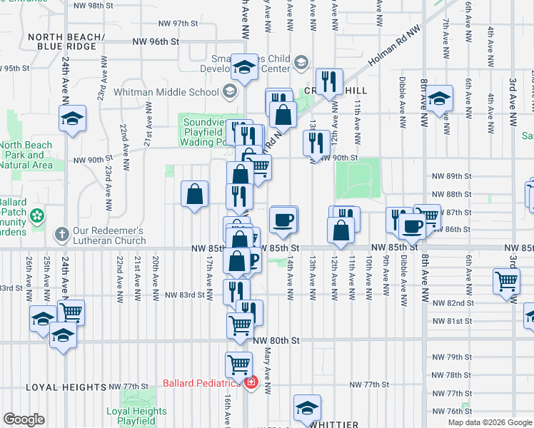 map of restaurants, bars, coffee shops, grocery stores, and more near 8573 Mary Avenue Northwest in Seattle
