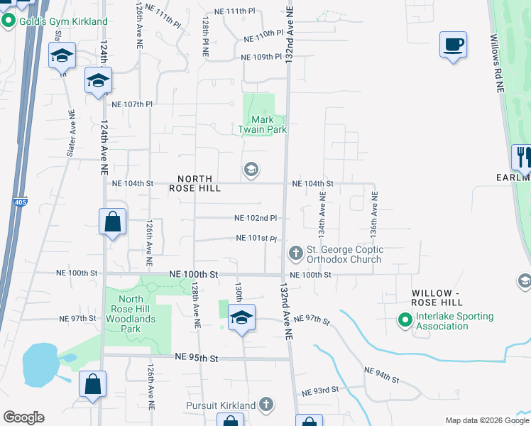 map of restaurants, bars, coffee shops, grocery stores, and more near 13038 Northeast 102nd Place in Kirkland