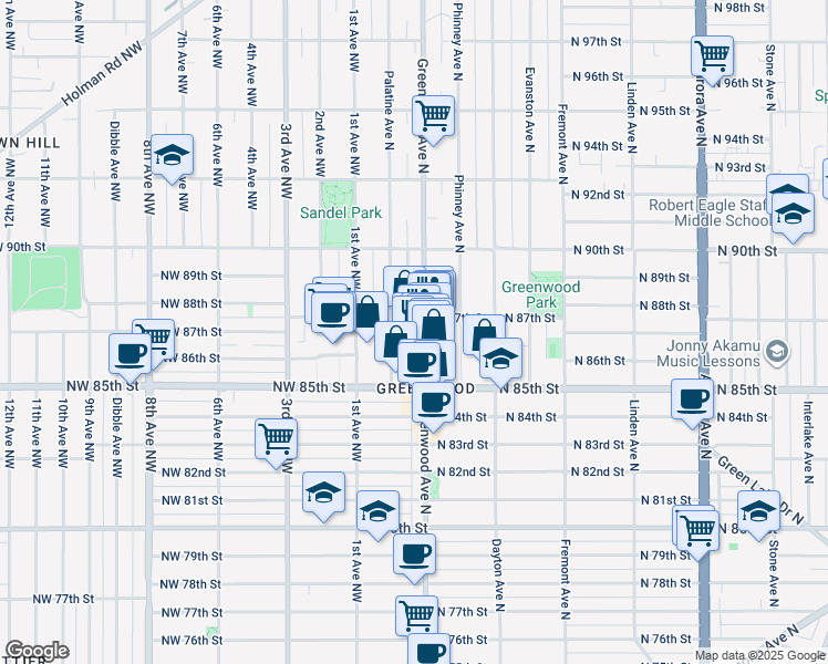 map of restaurants, bars, coffee shops, grocery stores, and more near 8704 Greenwood Avenue North in Seattle