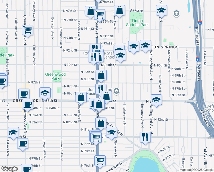map of restaurants, bars, coffee shops, grocery stores, and more near 8800 Nesbit Avenue North in Seattle