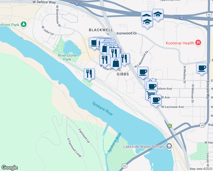 map of restaurants, bars, coffee shops, grocery stores, and more near 1580 West Union Drive in Coeur d'Alene