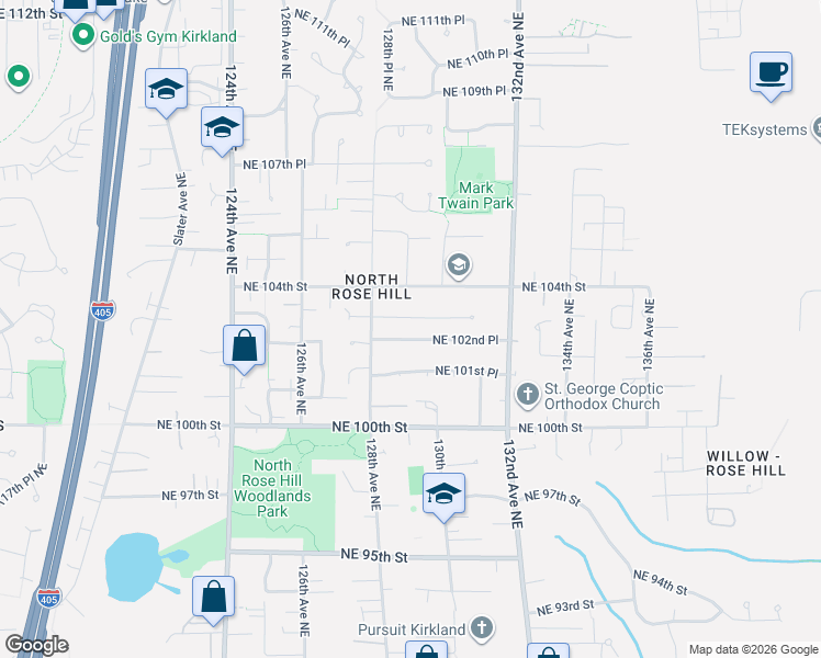 map of restaurants, bars, coffee shops, grocery stores, and more near 12834 Northeast 102nd Place in Kirkland