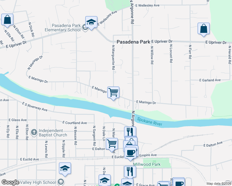 map of restaurants, bars, coffee shops, grocery stores, and more near 3906 North Marguerite Road in Spokane