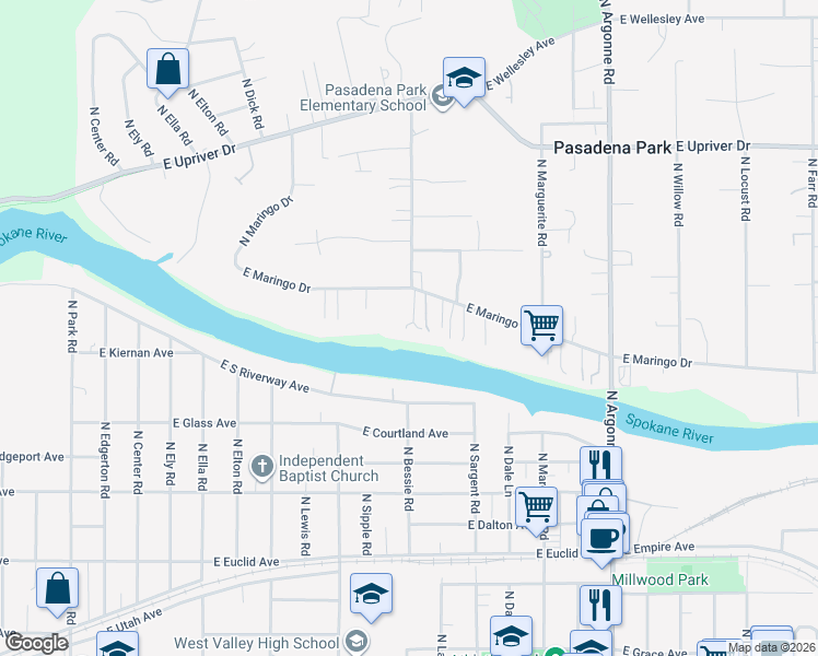 map of restaurants, bars, coffee shops, grocery stores, and more near 8422 East Maringo Drive in Spokane