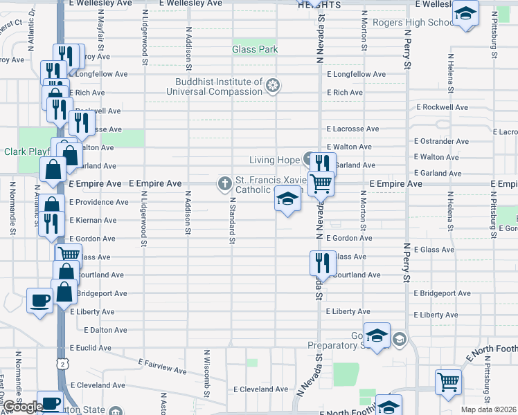 map of restaurants, bars, coffee shops, grocery stores, and more near 707 East Providence Avenue in Spokane